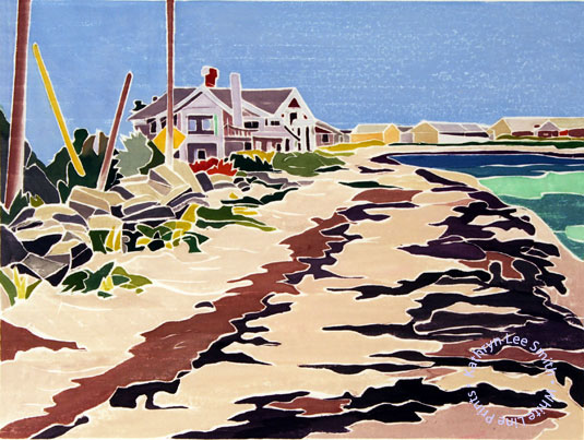 Kathryn Lee Smith, white-line woodblock Provincetown print artist, Along the Beach