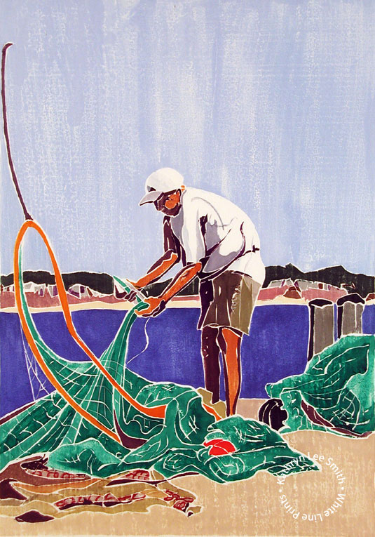 Kathryn Lee Smith, white-line woodblock Provincetown print artist, Fisherman