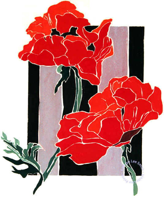 Kathryn Lee Smith, white-line woodblock Provincetown print artist, Poppies and Fence