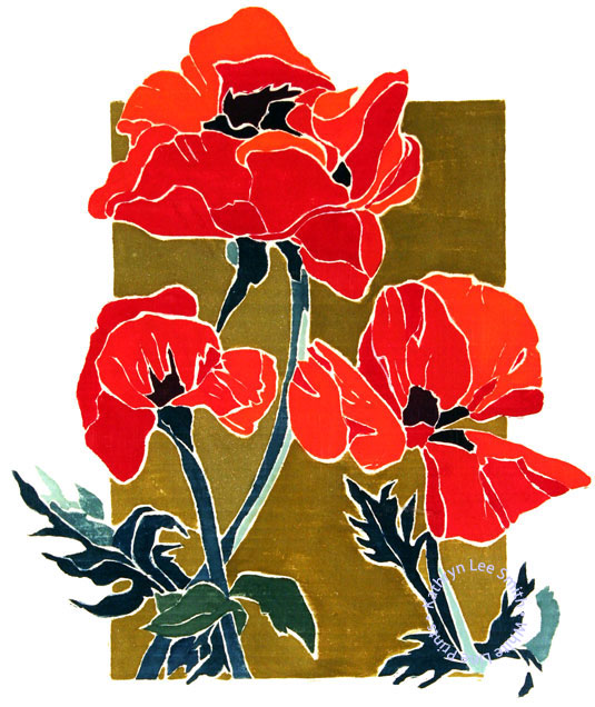 Kathryn Lee Smith, white-line woodblock Provincetown print artist, Tree Poppies