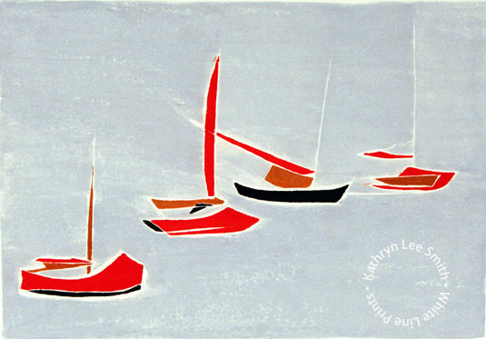 Kathryn Lee Smith, white-line woodblock Provincetown print artist, Vessels Emerging